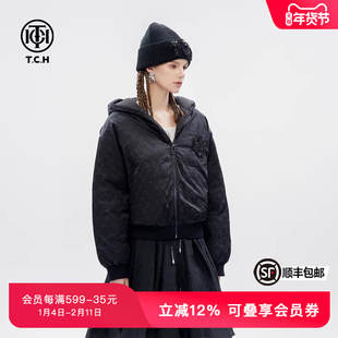 TCH潮牌满印烫钻美式休闲工装短款连帽羽绒服外套秋冬新款