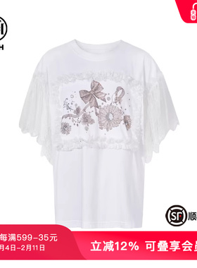 TCH私服烫钻白色蕾丝拼接袖时尚百搭气质短袖T恤女夏T75B10B1072