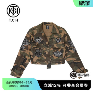 春秋上衣T21127C6004 时尚 TCH潮牌轻奢潮牌烫钻迷彩短款 外套女个性