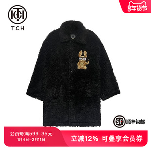 TCH潮牌新款豪兔烫钻黑色毛毛外套男女同款T66C27E6002