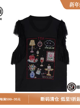 TCH私服烫钻卡通蕾丝拼接袖时髦洋气百搭短袖T恤女夏T75C10B1015