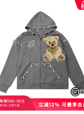 TCH春秋高定手缝钻珍珠小熊刺绣灰色拉链衫外套T72C27E9018