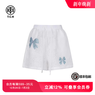 TCH私服烫钻工艺时尚 女T75A21E5023轻奢tch 休闲百搭蝴蝶结短裤