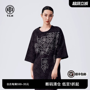 TCH潮牌休閑連衣裙夏落肩街頭寬松T恤裙女2025春季 T72C306068 新款