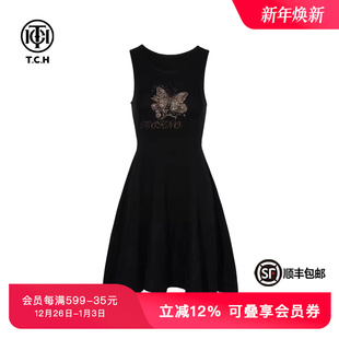 TCH私服烫钻时尚 连衣裙女T75C30B1018 休闲蝴蝶气质收腰显瘦无袖