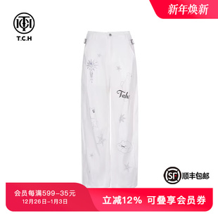 TCH私服潮牌烫钻轻薄时尚 女夏T75B20E5125 阔腿宽松显瘦白色休闲裤