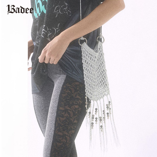 Badee 夏季手工编织流苏网格袋女斜跨包包时尚辣妹小众设计感