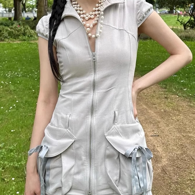 SCULPTOR性感修身泡泡袖工装拉链连衣裙女小个子气质小众设计感