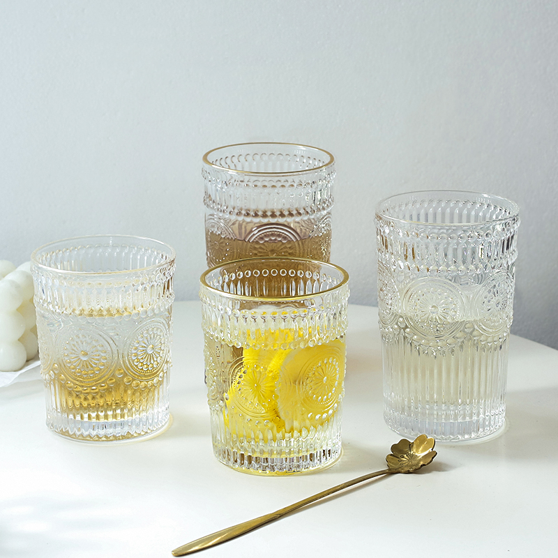 可爱日子复古饮料金边浮雕玻璃杯