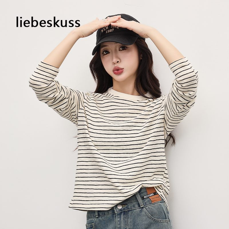 长袖慵懒风肌理感条纹仿麻女上衣