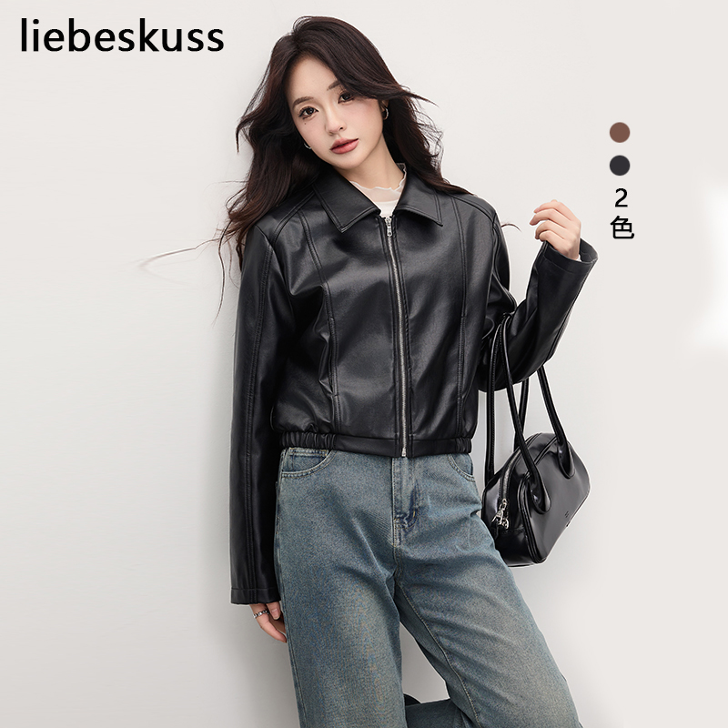 liebeskuss酷飒机车风短款女皮衣