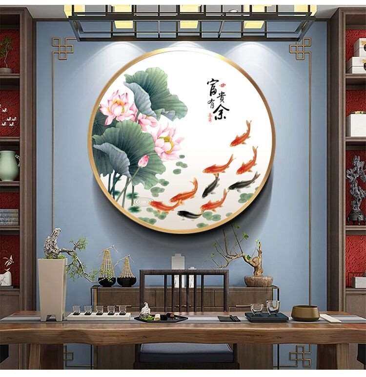 新款新中式九鱼图客厅装饰画玄关入户圆形挂画鲤鱼招财荷花餐厅墙图片