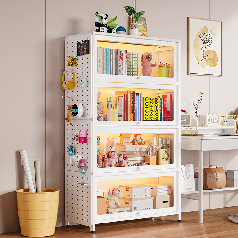 儿童书柜带玻璃门钢制书架家用卧室客厅落地储物柜铁艺防尘展示架