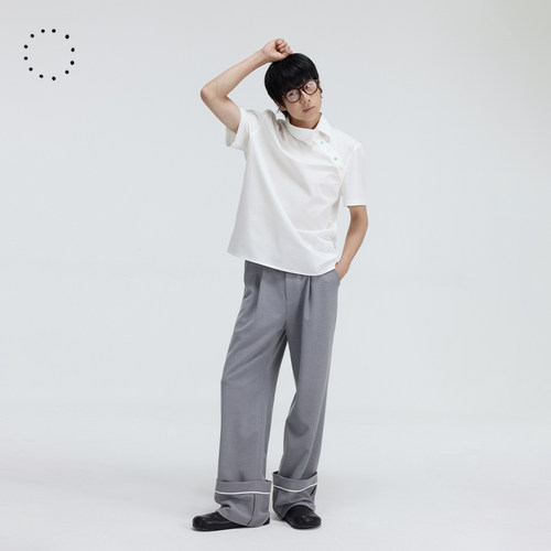PIHO原创时尚设计师款白色简约撞扣套头短袖衬衫斜门襟设计上衣