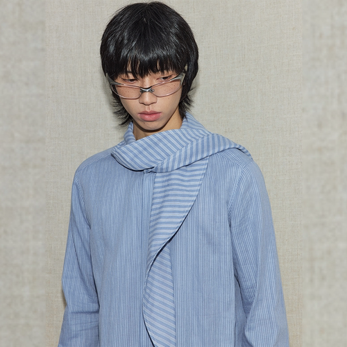 PIHO原创设计蓝色系领条纹长袖衬衫2026春夏宽松休闲百搭男女上衣