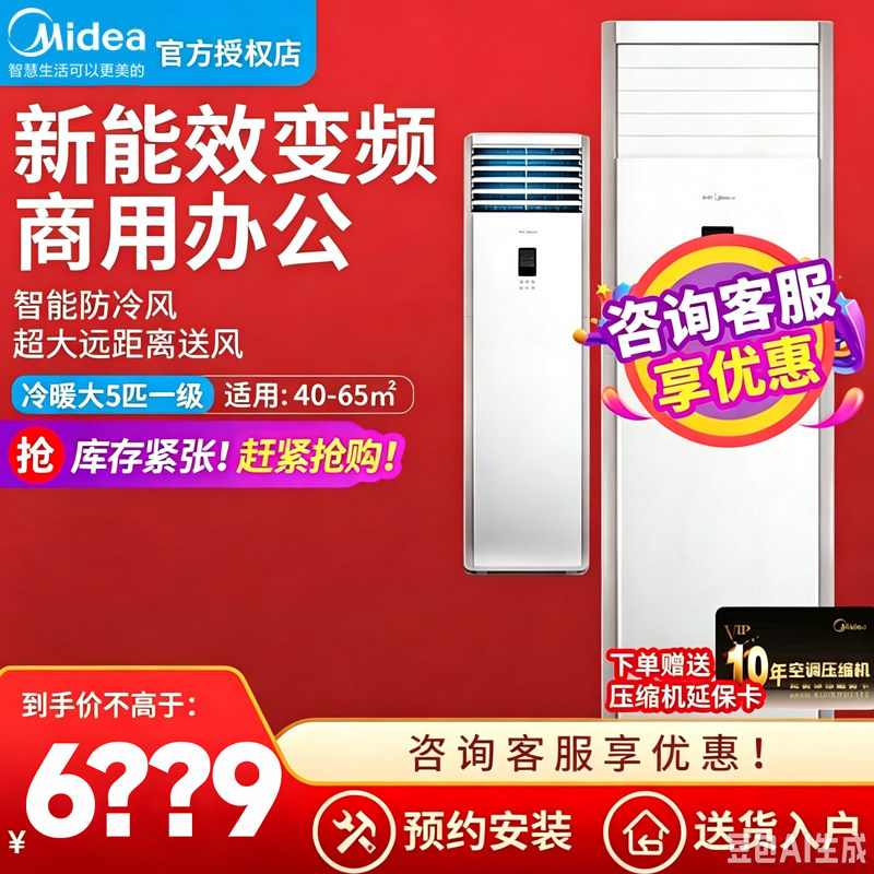 美的5匹柜机空调立式方柜机大3匹变频冷暖三相电10匹家用商用办公