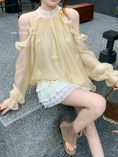 法式荷叶边露肩衬衫女夏2026新款温柔风垂感显瘦长袖雪纺上衣