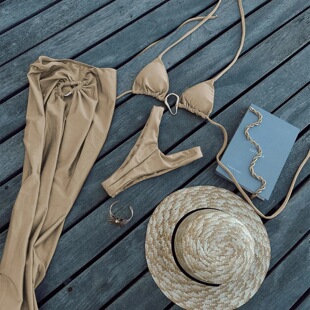 女士系带挂脖三件套bikini遮肉长裙分体辣妹沙滩温泉比基尼泳装