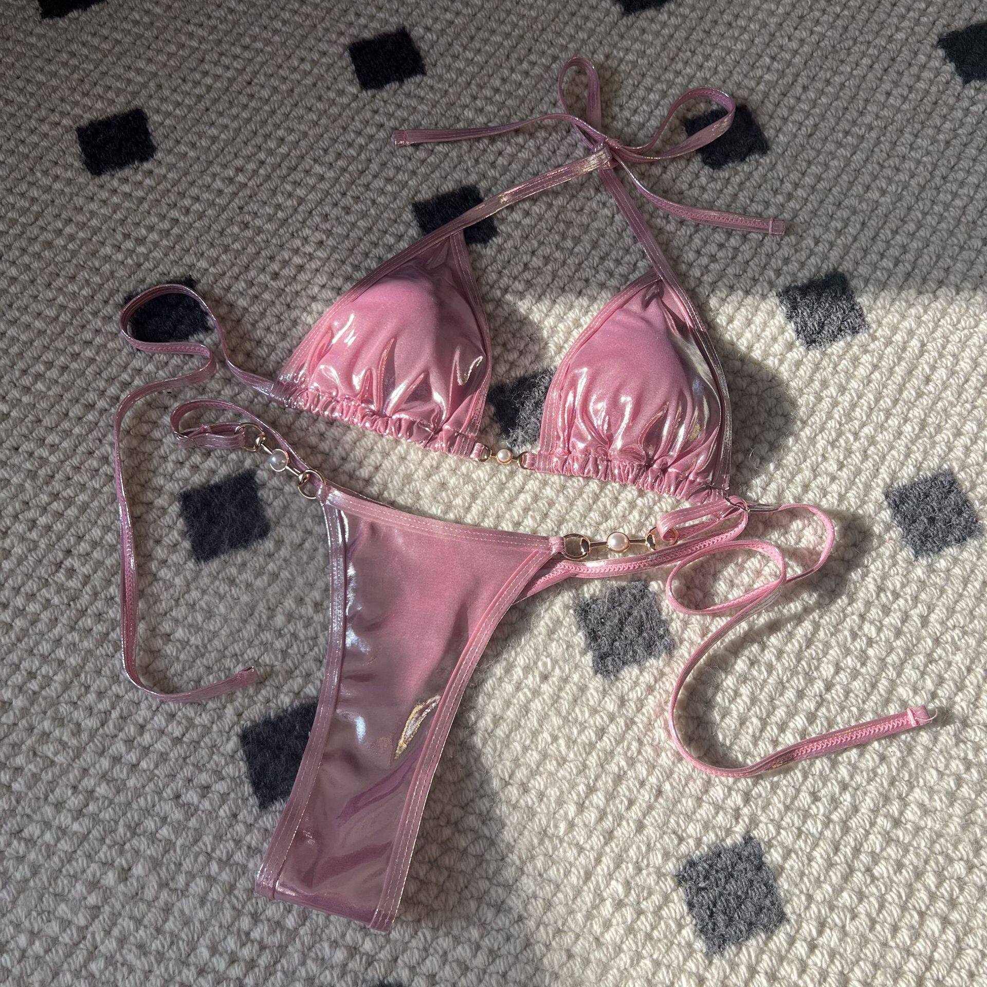 2024欧美女士性感亮面珍珠丁字比基尼泳装辣妹酒吧演出温泉bikini