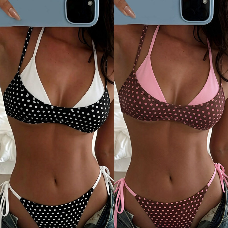 女波点印花双肩带假两件分体bikini泳衣辣妹沙滩度假显瘦系带泳装