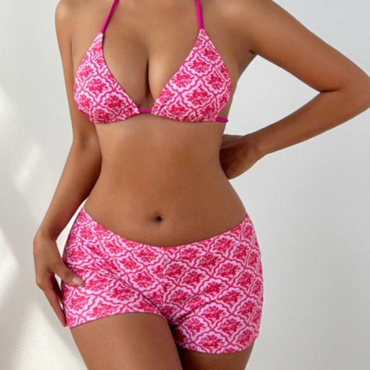 欧美女印花三角系带分体bikini泳衣辣妹海边温泉四角裤三件套泳装