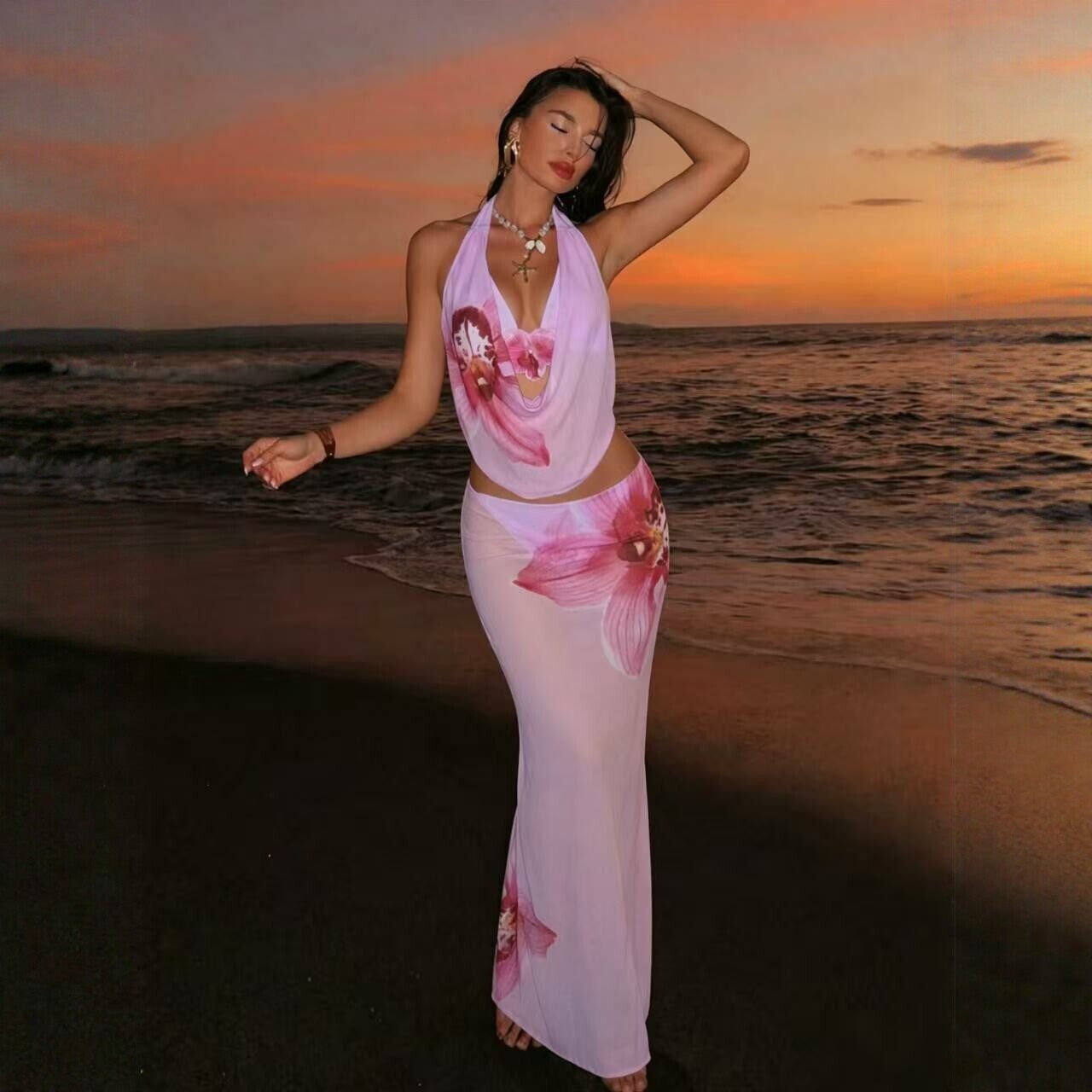 女士新款粉色印花分体bikini泳衣辣妹温泉长裙三件套比基尼泳装