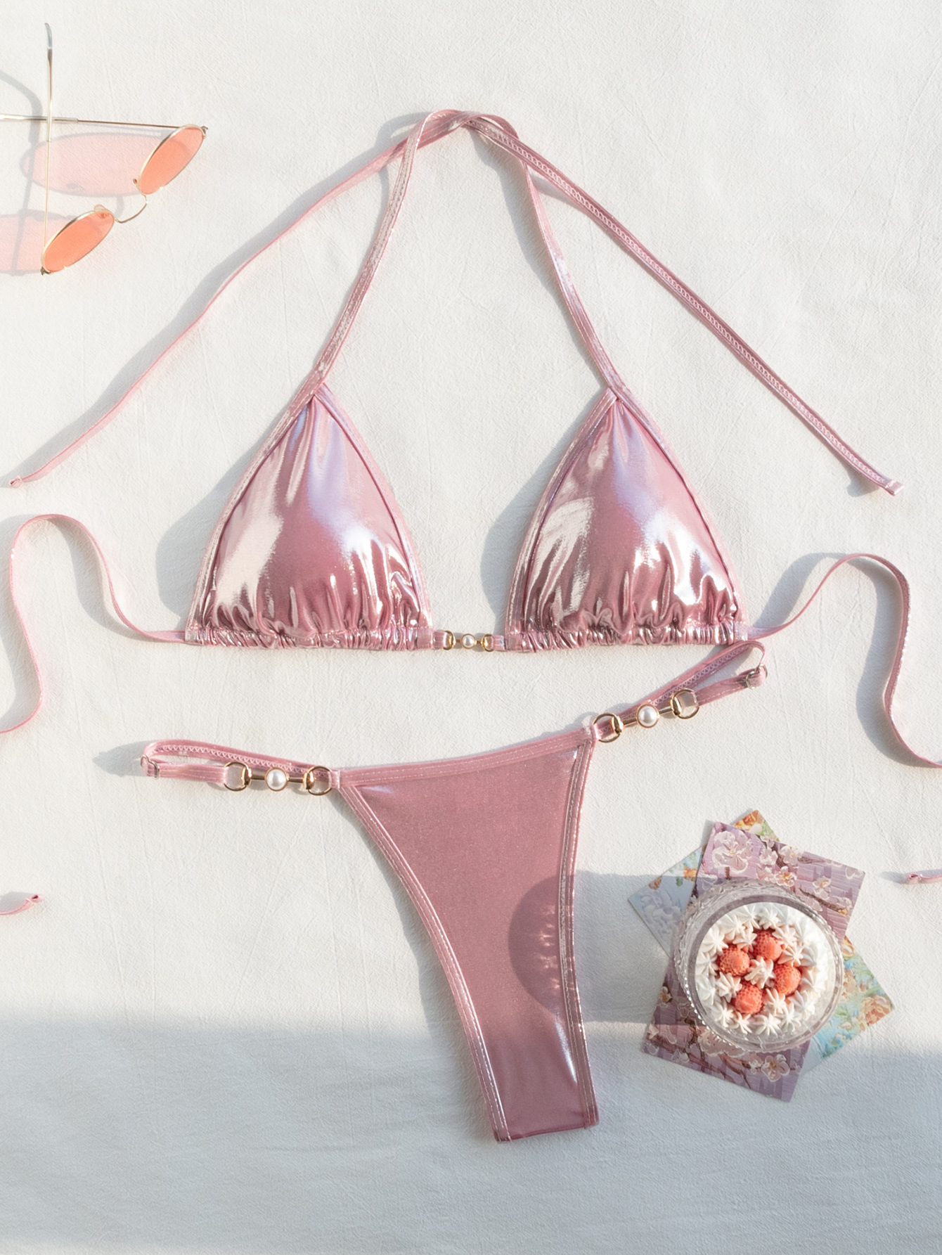 女士分體三角亮皮分體泳衣