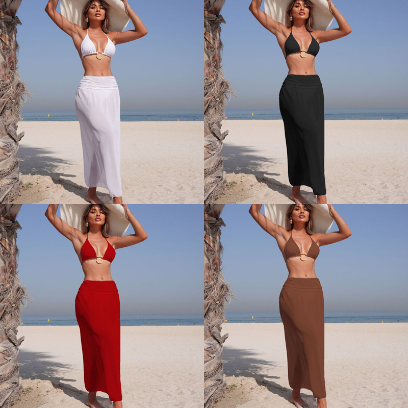 女纯色三角系带分体bikini泳衣辣妹显瘦网纱长裙三件套比基尼泳装