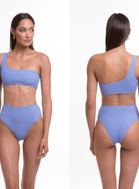 2021欧美纯色蓝色蛇仔布单肩比基尼性感沙滩度假温泉bikini泳装