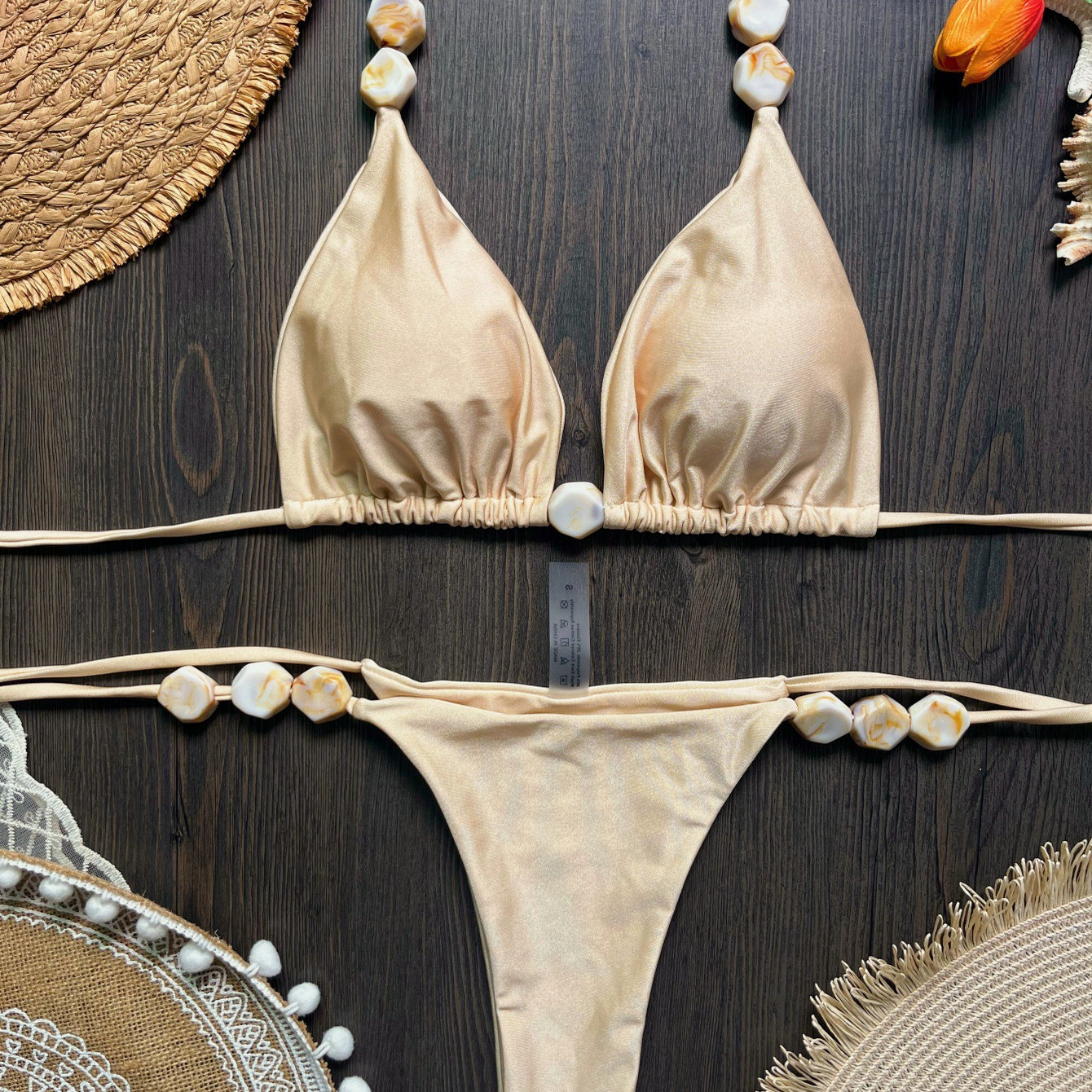 欧美女性感纯色石头分体系带bikini泳衣INS风辣妹沙滩度假比基尼