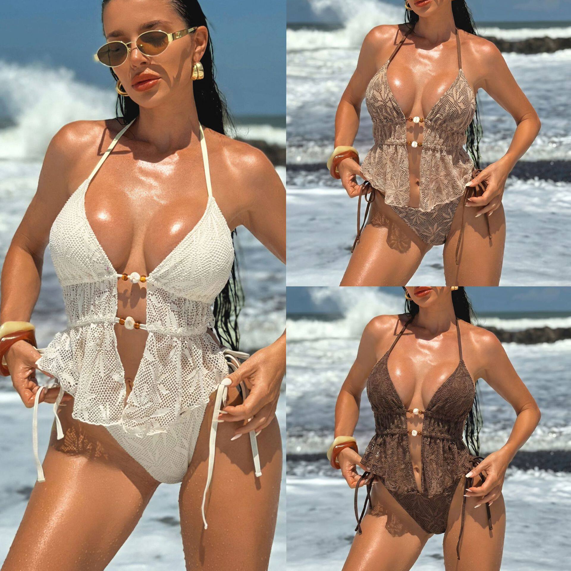 欧美女士INS风镂空钩花挂脖分体bikini泳衣辣妹沙滩显瘦系带泳装