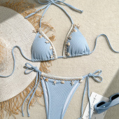 欧美女士性感贝壳饰品分体三角系带bikini泳衣辣妹沙滩显瘦比基尼
