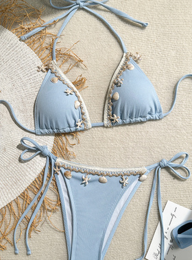 欧美女士性感贝壳饰品分体三角系带bikini泳衣辣妹沙滩显瘦比基尼