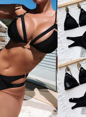 2022女士性感分体泳衣黑色镂空泳装辣妹海边度假分体沙滩bikini