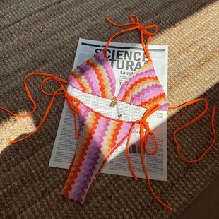 女波浪纹渐变三角系带bikini泳衣辣妹夏日沙滩海边显瘦辣妹比基尼