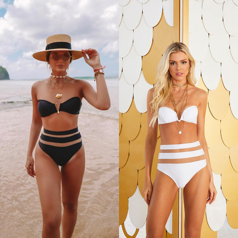 2020欧美女士硬杯爆款分体泳衣V领网纱拼接性感高腰bikini泳装