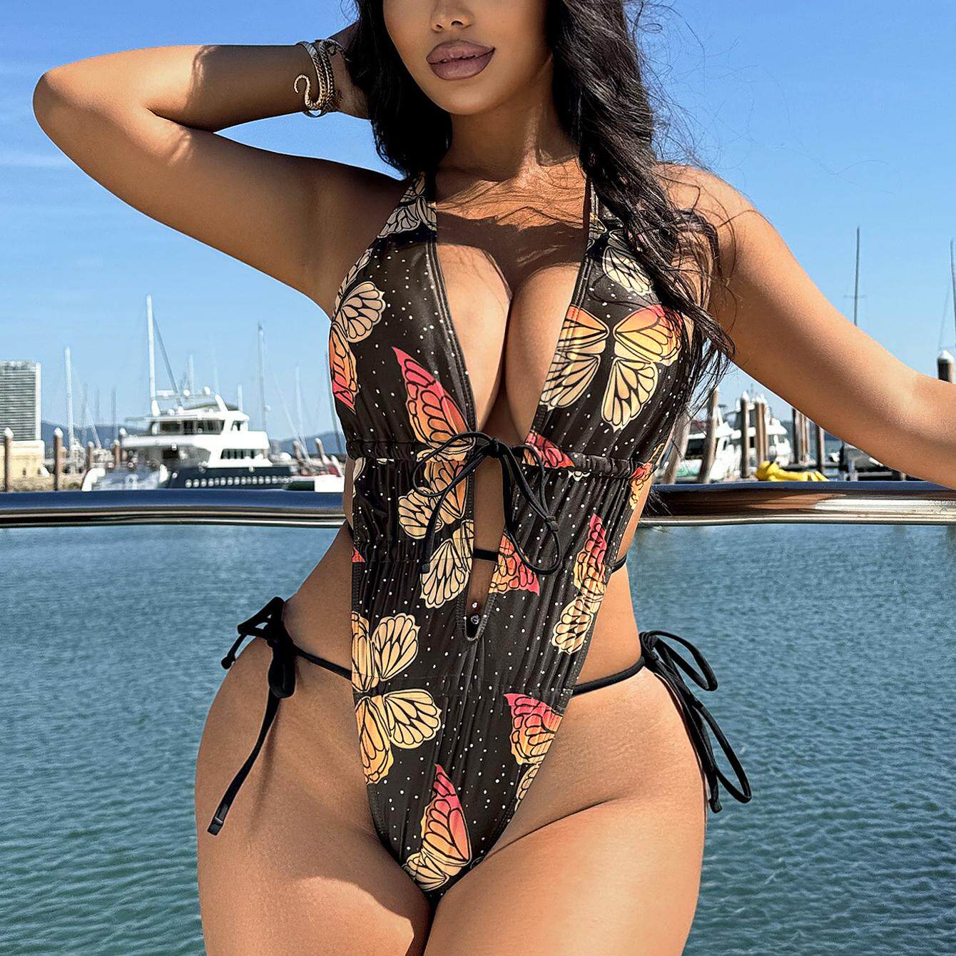 女士性感欧美蝴蝶印花连体bikini泳衣辣妹网红沙滩海边高叉裤泳装