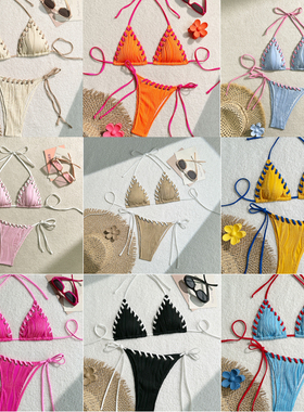 女士洞眼穿绳三角系带bikini泳衣辣妹沙滩性感分体显瘦比基尼泳装