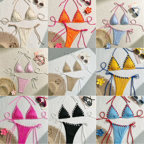 女士洞眼穿绳三角系带bikini泳衣辣妹沙滩性感分体显瘦比基尼泳装
