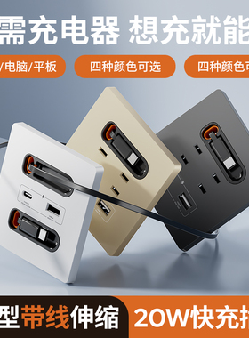 国际电工带伸缩线20W快充USB插座开关面板86型手机充电Type-c家用