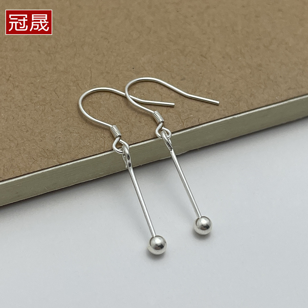 S925纯银耳钩带珠针可穿珠DIY耳环简约风可拆卸3mm珠球耳饰银配件