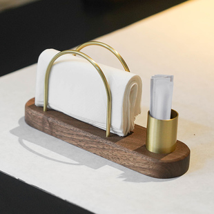 黑胡桃木高档餐厅纸巾盒方形餐巾架托黄铜酒店纸巾夹牙签筒二合一