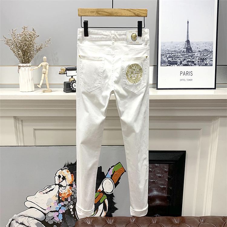 2024歐洲站白色牛仔褲男秋冬季新款潮牌刺繡修身小腳彈力長褲子男