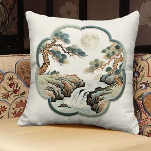 中式山水瀑布抱枕迎客松装饰平面印花客厅沙发超软床头靠垫枕套