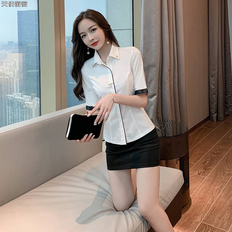 酒店前台空姐制服新款桑拿足浴翻领衬衫技师工作服职业装短裙套装