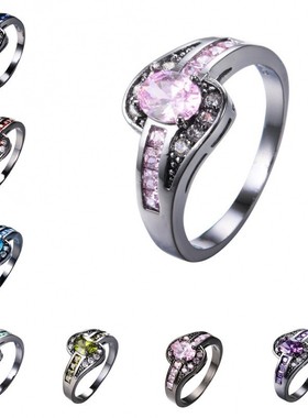 新款黑金10KT椭圆锆石戒指女指环椭圆形环时尚白色黑色珠宝古董女