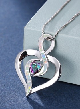 新款时尚白金水蓝钻心形蓝色进口澳宝项链女ins风轻奢颈链