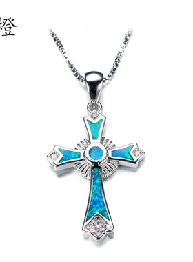 新款跨境饰品首饰欧美时尚蓝色澳宝白钻十字架吊坠项链