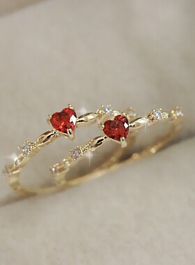 新款跨境agete女戒 仙女风优雅红色锆石桃心戒指 浪漫心形食指戒