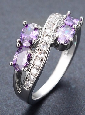 新款戒指锆石欧美复古紫色四钻饰品创意配饰